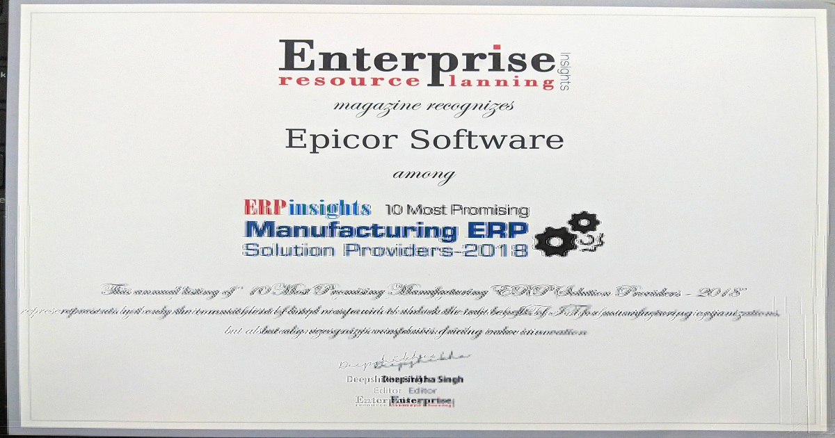 EPICOR RECOGNIZED IN TOP 10 MANUFACTURING INTELLIGENCE AND MANUFACTURING ERP SOLUTIONS PROVIDERS